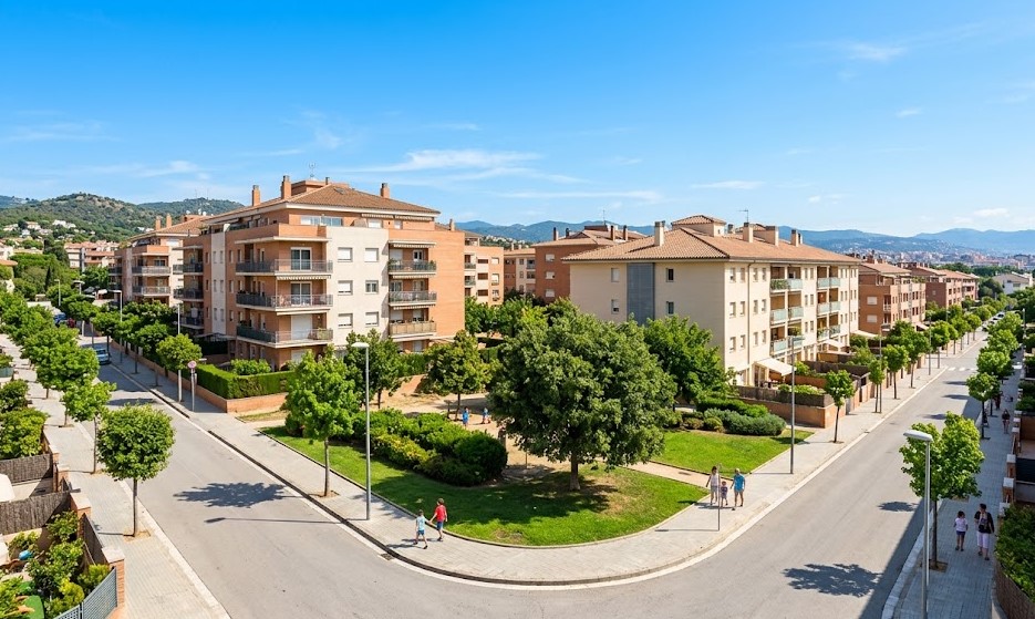 Vistas de las calles residenciales, zonas ajardinadas y viviendas en Les Colomeres, Gavà